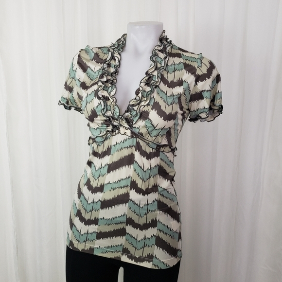 BCBGMaxAzria Tops - BCBG MAXAZRIA 90S Y2K v-neck ruffle  trim blouse blue beige white abstract XS